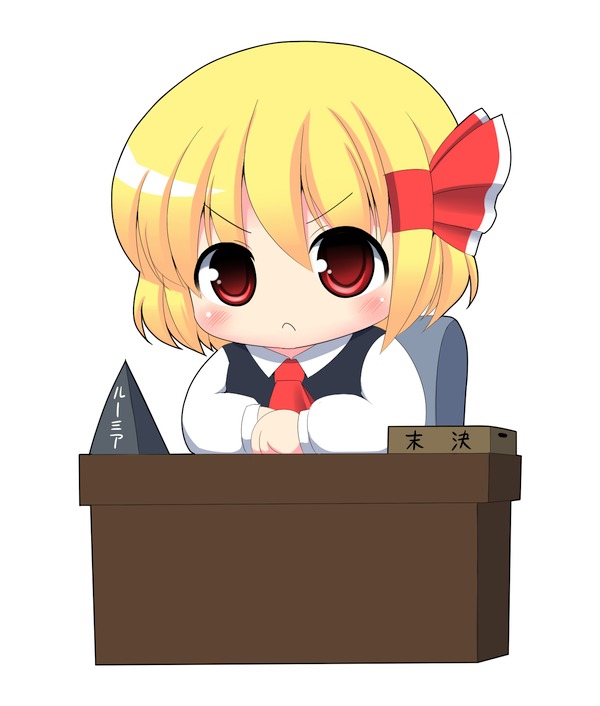 angry bad_id blonde_hair chibi desk kyokutou_hentai_samurai necktie red_eyes ribbon rumia short_hair solo student_council touhou