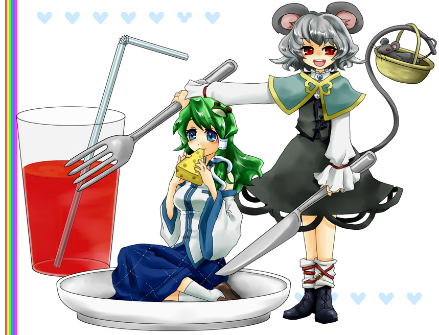 animal_ears basket blue_eyes cheese detached_sleeves drink eating fork frog girl_on_a_plate green_hair grey_hair holding holding_fork knife kochiya_sanae long_hair minigirl mouse mouse_ears mouse_tail multiple_girls nazrin oversized_object plate red_eyes short_hair snake straw tail takeko touhou