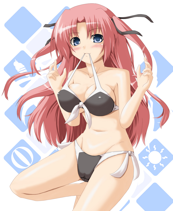 blue_eyes blush kokorono_arika long_hair mouth_hold original red_hair redhead swimsuit twintails