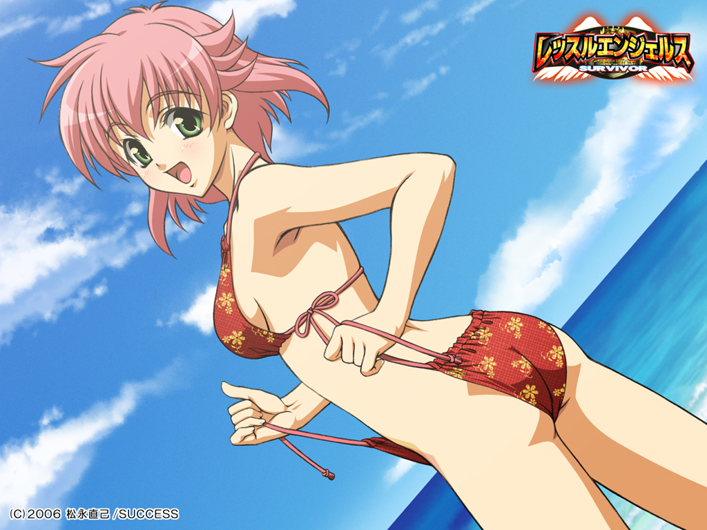 beach bikini blush breasts cloud dutch_angle green_eyes looking_back open_mouth pink_hair short_hair side-tie_bikini swimsuit undressing untied wallpaper watanabe_tomomi water wrestle_angels wrestle_angels_survivor