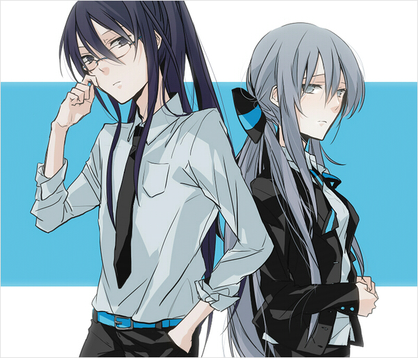 blue_hair casual glasses grey_eyes hakoda_eko kamui_gakupo long_hair necktie ribbon silver_eyes silver_hair vocaloid voyakiloid yowane_haku