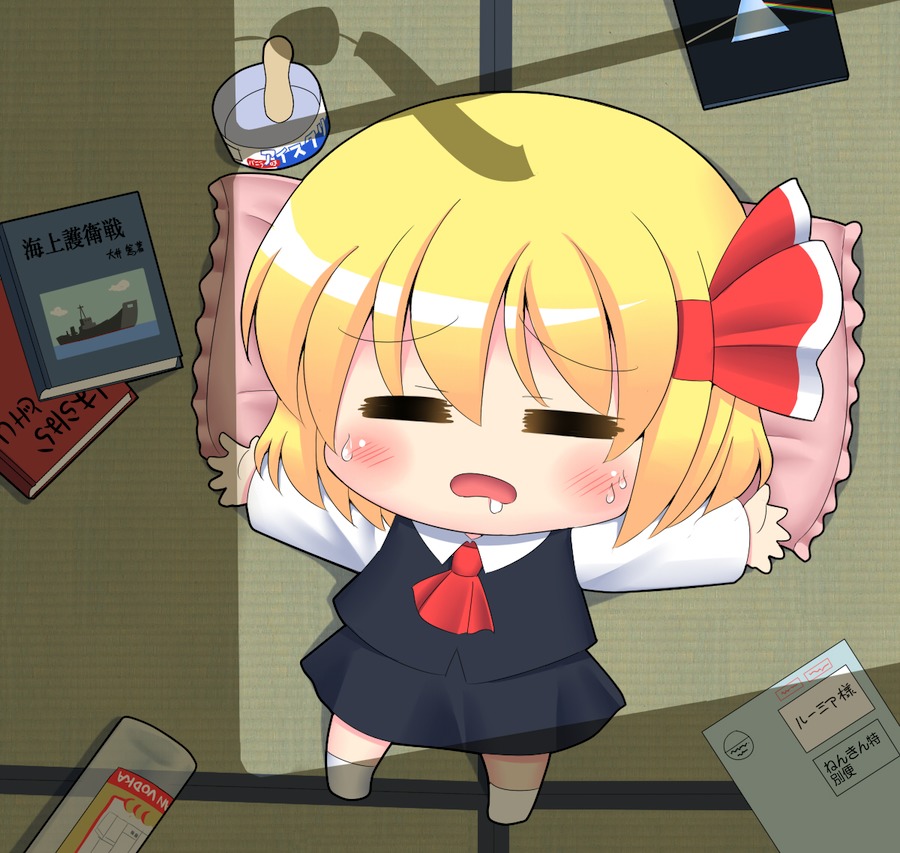 =_= bad_id blonde_hair chibi closed_eyes dark_side_of_the_moon kyokutou_hentai_samurai lying necktie pink_floyd ribbon rumia short_hair solo touhou