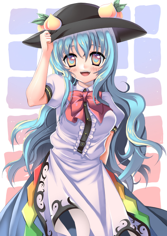 food fruit hat hinanawi_tenshi long_hair multicolored_eyes peach solo sui sui_(gyujji) touhou