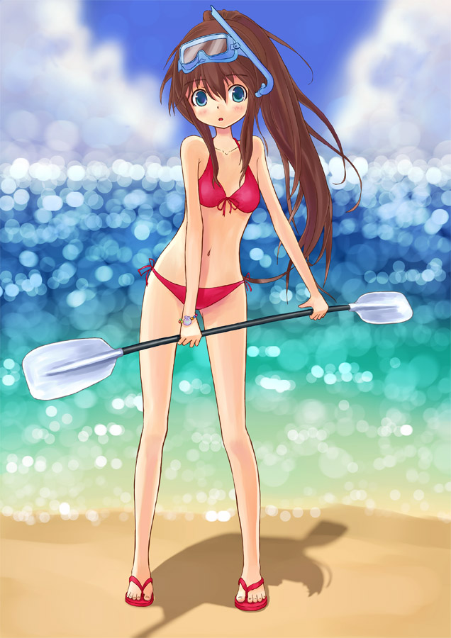 bikini blue_eyes brown_hair cockatiel_(artist) diving_mask long_hair oar original paddle sandals snorkel swimsuit