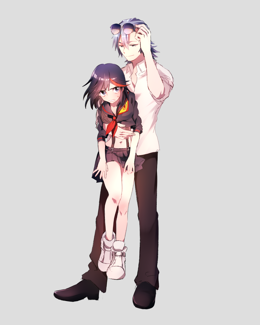 1boy 1girl adjusting_sunglasses arm_around_waist black_hair black_pants black_shoes black_skirt blue_hair carrying clenched_teeth closed_mouth grey_background height_difference highres kill_la_kill looking_at_another matoi_ryuuko midriff mikisugi_aikurou mittsun multicolored_hair navel pants pleated_skirt raised_hand redhead school_uniform senketsu serafuku shirt shoes short_hair simple_background skirt smile sunglasses sunglasses_on_head suspenders topless two-tone_hair white_shirt white_shoes