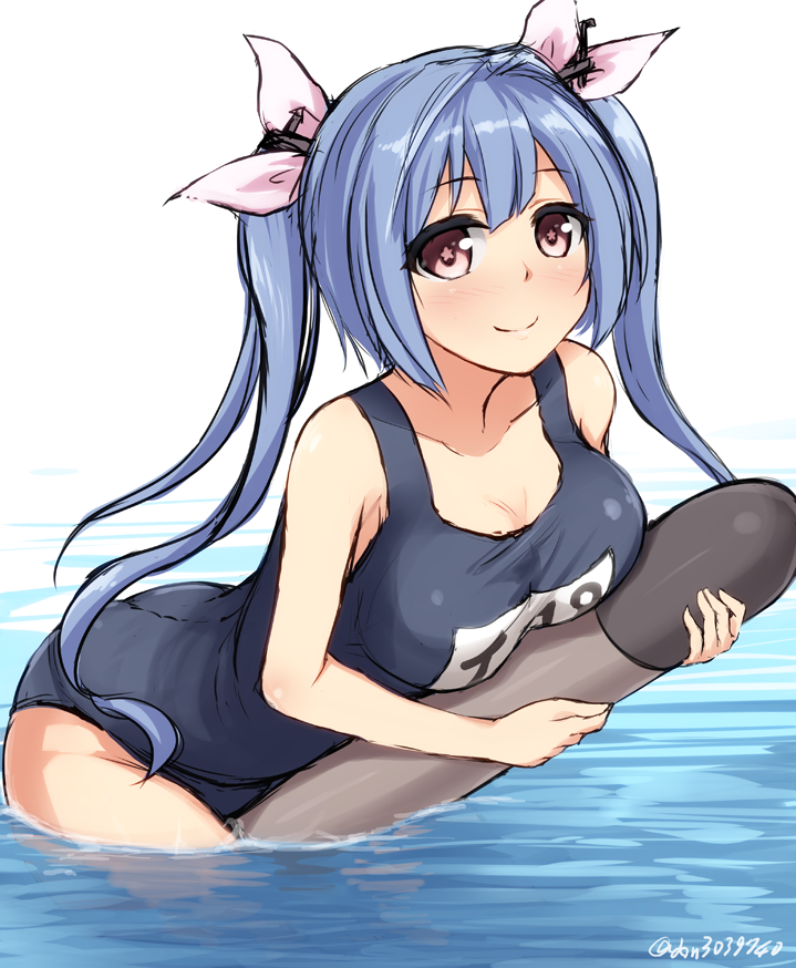 1girl bare_shoulders blue_hair blush breasts don_(29219) hair_ornament hair_ribbon hug i-19_(kantai_collection) kantai_collection large_breasts long_hair looking_at_viewer name_tag object_hug one-piece_swimsuit partially_underwater red_eyes ribbon school_swimsuit smile solo star star-shaped_pupils swimsuit symbol-shaped_pupils torpedo twintails twitter_username water