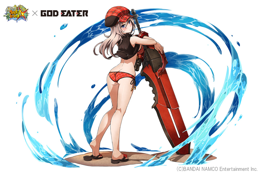 1girl alisa_ilinichina_amiella bikini blue_eyes blush breasts elbow_gloves fingerless_gloves from_behind gloves god_eater hat huge_weapon long_hair looking_at_viewer official_art silver_hair simple_background solo swimsuit sword weapon white_hair