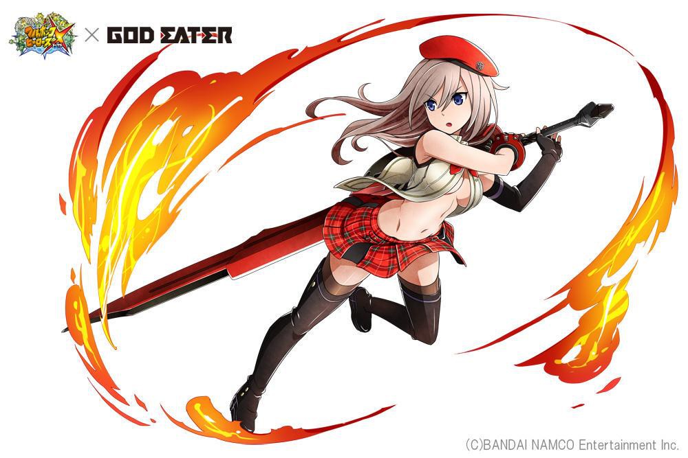 1girl alisa_ilinichina_amiella blue_eyes breasts elbow_gloves fingerless_gloves flame gloves god_eater god_eater_2:_rage_burst hat huge_weapon jpeg_artifacts long_hair official_art silver_hair simple_background solo sword thigh-highs weapon white_hair