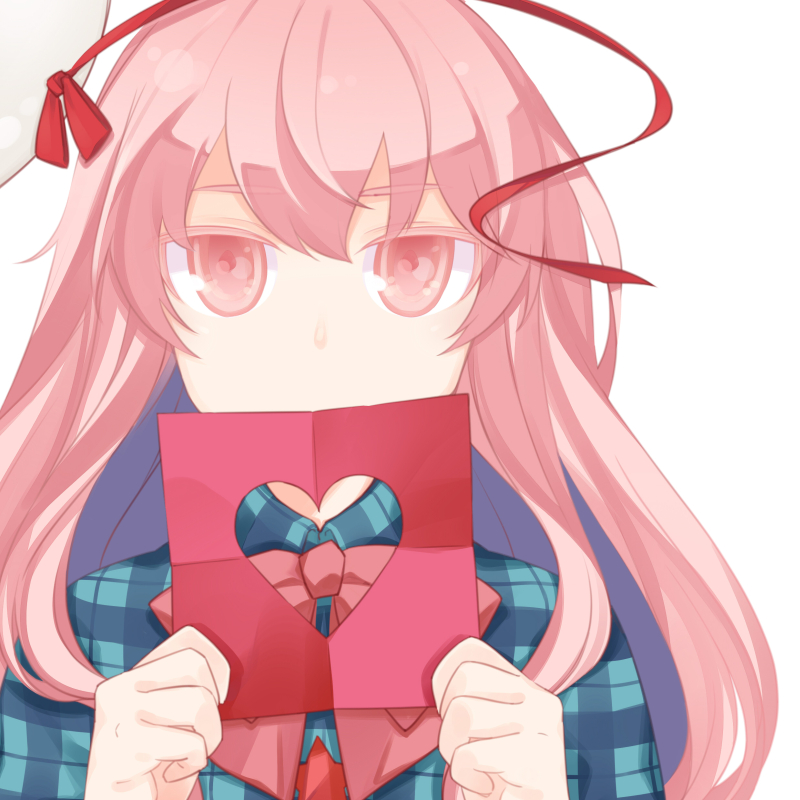 1girl blank_stare bow colored_eyelashes confession expressionless hata_no_kokoro heart long_hair looking_at_viewer mask_on_head pink_eyes pink_hair plaid plaid_shirt rainx0z shirt solo touhou