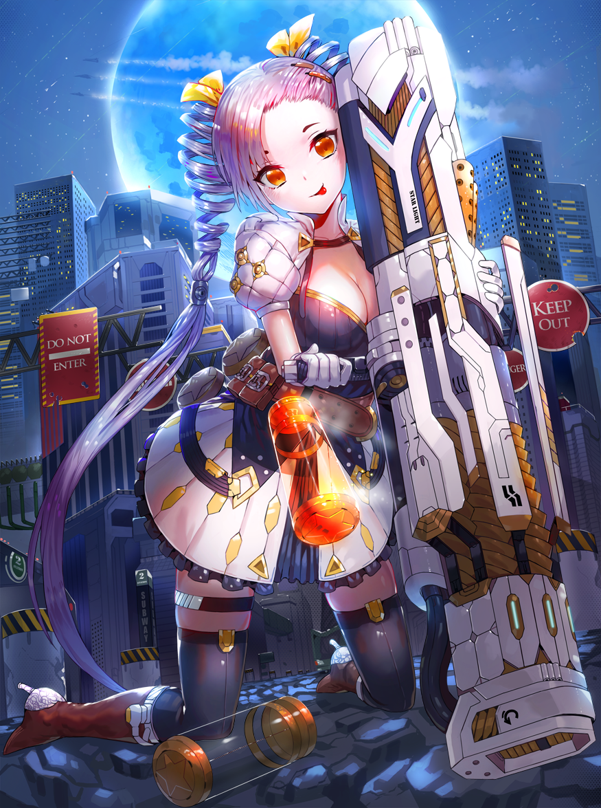 1girl :p belt blush boots breasts canister cityscape cleavage condensation_trail drill_hair full_body gun high_heels huge_weapon kfr kneeling lavender_hair looking_at_viewer moon night night_sky orange_eyes original pouch road_sign science_fiction sign skirt sky solo star tongue tongue_out twin_drills weapon
