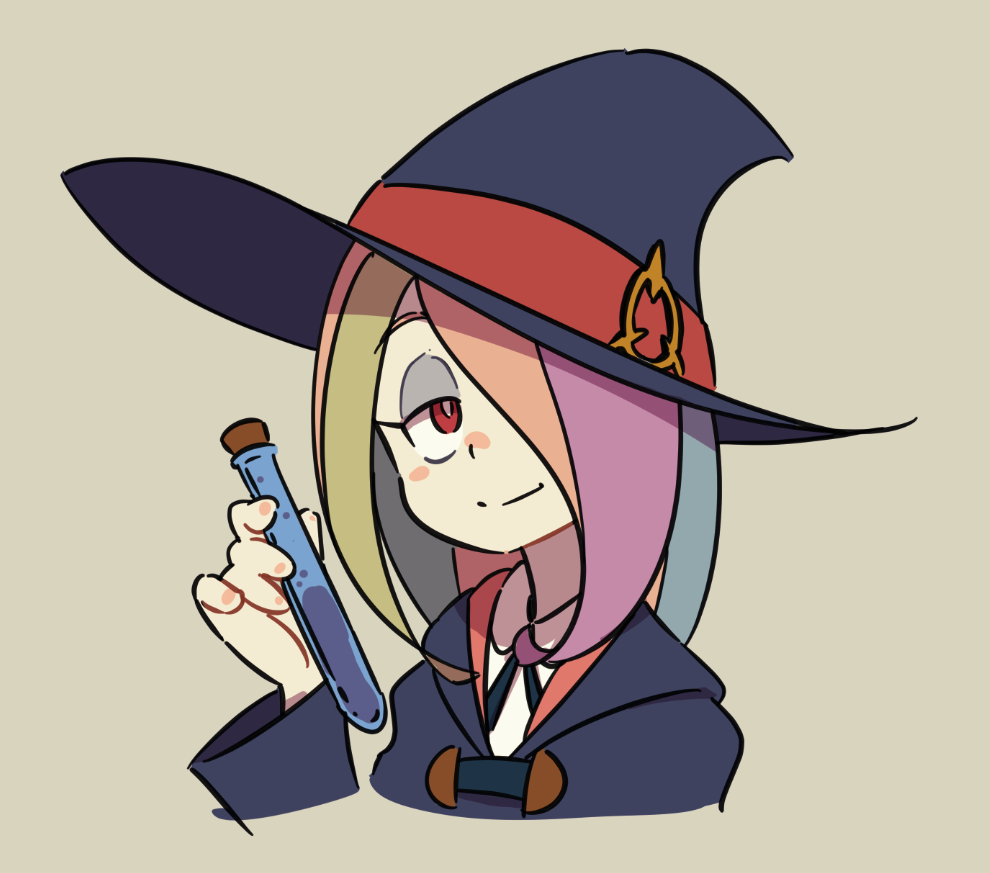 1girl ammonio eyeshadow hair_over_one_eye hat little_witch_academia long_hair multicolored_hair red_eyes solo sucy_manbabalan test_tube witch witch_hat