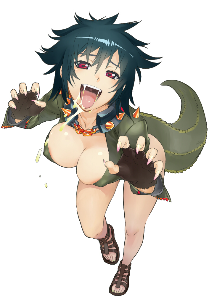 1girl animal_costume black_hair breasts cleavage collar deviljho drooling fangs fingerless_gloves fingernails from_above gloves heart heart-shaped_pupils large_breasts long_fingernails looking_at_viewer messy_hair monster_girl monster_hunter personification red_eyes saliva short_hair solo spiked_collar spikes symbol-shaped_pupils tongue tongue_out washi_no_tosaka white_background