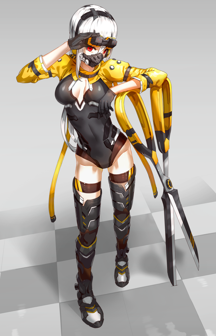1girl boots breasts checkered checkered_floor cleavage cleavage_cutout full_body gloves headgear kfr leaning leotard long_hair looking_at_viewer mask original oversized_object planted_weapon red_eyes science_fiction scissors silver_hair solo standing thigh-highs thigh_boots thigh_strap tile_floor tiles weapon