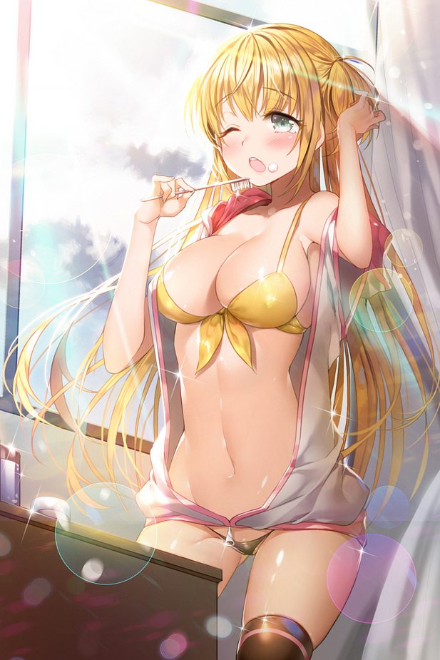 1girl :o aile_(crossroads) bikini black_panties blonde_hair blush breasts brushing_teeth cleavage green_eyes long_hair midriff navel off_shoulder official_art one_eye_closed open_clothes open_mouth panties solo swimsuit sword_girls thigh-highs thighs toothbrush underwear unzipped yellow_bikini zipper