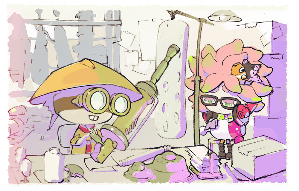 1boy 1girl anemo_(splatoon) boots brown_boots bukichi_(splatoon) chair glasses goggles green_eyes headphones headphones_around_neck hoodie kumano_(splatoon) nintendo official_art pink_hair red_scarf scarf screwdriver short_hair sitting splatoon wiping