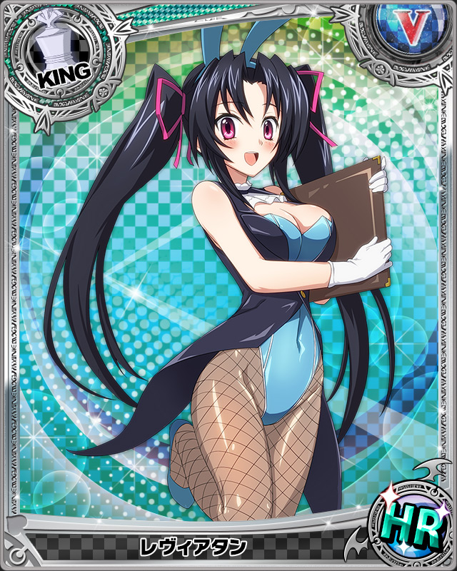 1girl animal_ears artist_request black_hair breasts bunnysuit card_(medium) character_name chess_piece cleavage fishnet_pantyhose fishnets gloves hair_ribbon high_school_dxd king_(chess) official_art pantyhose rabbit_ears ribbon serafall_leviathan smile trading_card twintails violet_eyes white_gloves