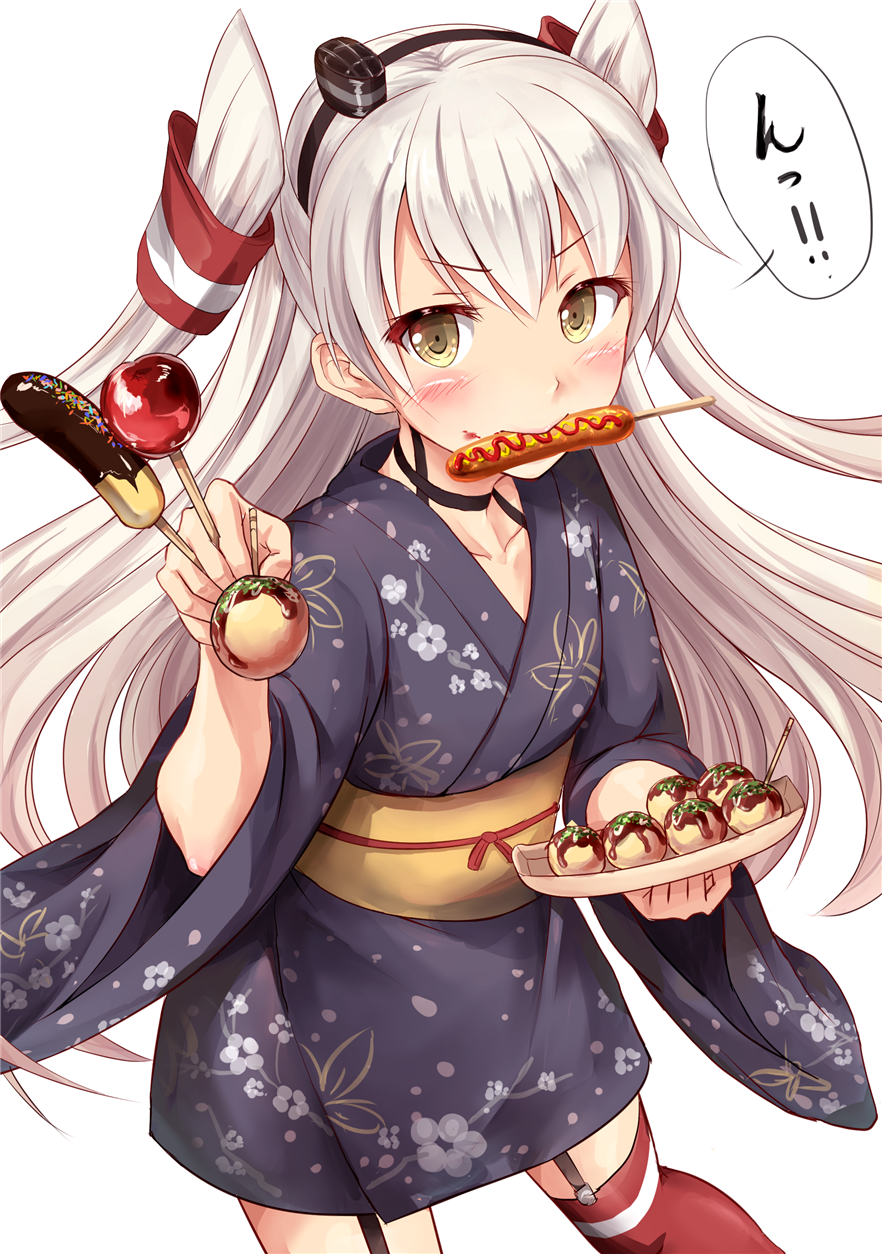 1girl amatsukaze_(kantai_collection) candy_apple chocolate_banana feesu_(rinc7600) food_in_mouth hair_tubes hairband highres hot_dog japanese_clothes kantai_collection kimono long_hair looking_at_viewer mouth_hold red_legwear solo takoyaki thigh-highs translation_request twintails white_hair wide_sleeves yukata