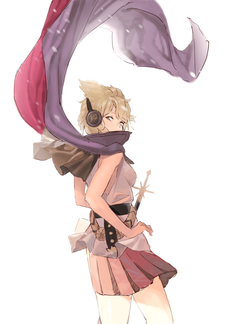 1girl ameyame bare_arms blonde_hair cape earmuffs looking_at_viewer pointy_hair shirt skirt sleeveless sleeveless_shirt solo sword touhou toyosatomimi_no_miko weapon wind wind_lift yellow_eyes