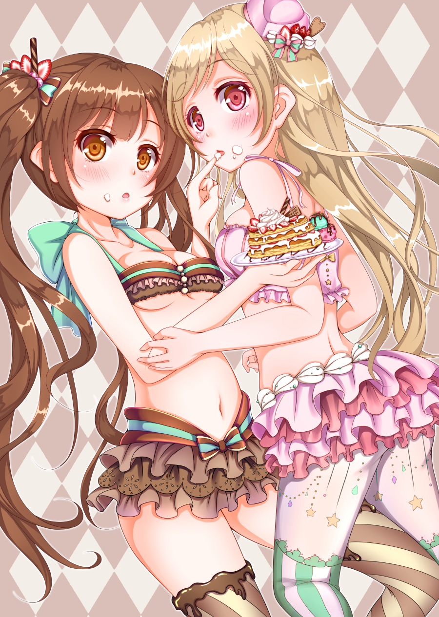 2girls bare_shoulders blonde_hair blush breasts brown_eyes brown_hair cream food food_as_clothes food_themed_clothes frilled_skirt frills hair_ornament highres hug ice_cream kojiro_d long_hair multiple_girls navel original pancake pantyhose red_eyes skirt thigh-highs twintails under_boob