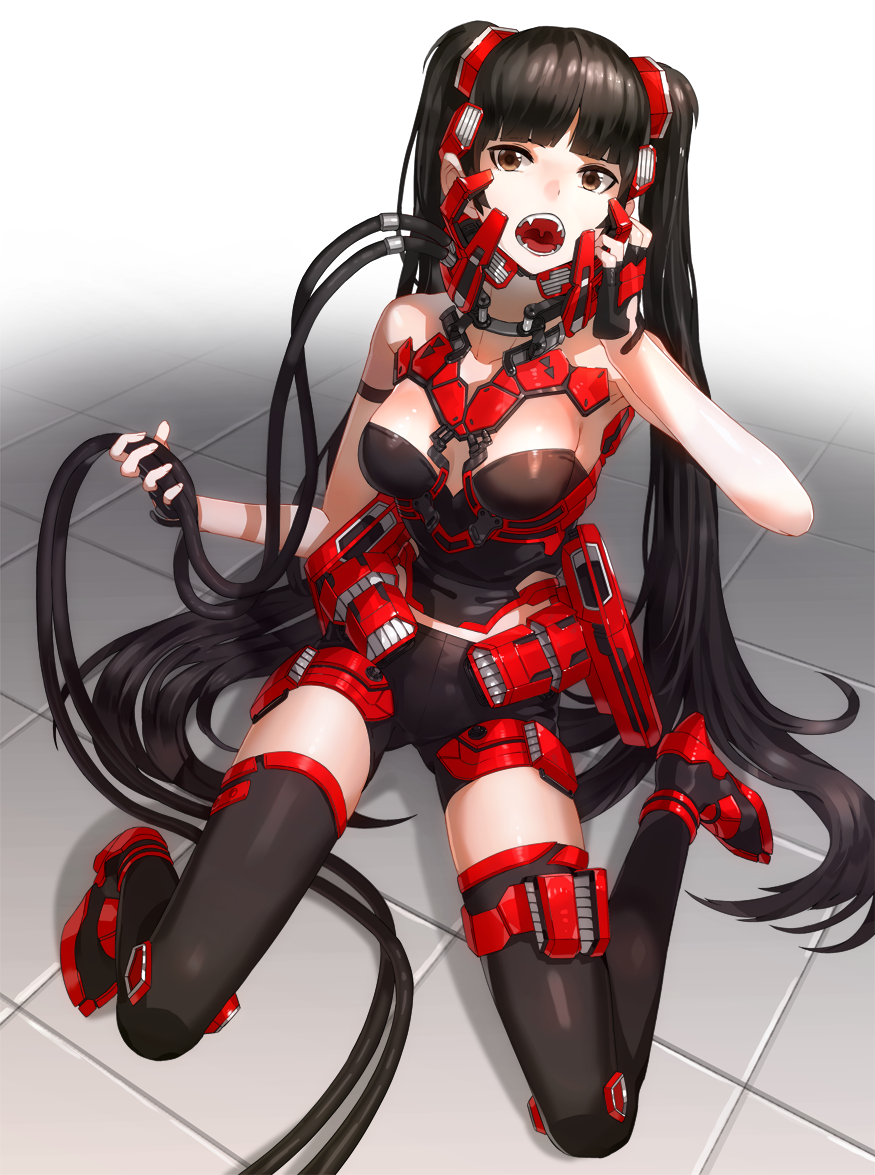 1girl armor bare_shoulders black_hair black_legwear breasts brown_eyes bustier cable fingerless_gloves full_body gloves kfr long_hair looking_at_viewer open_mouth original science_fiction sitting solo teeth thigh-highs tile_floor tiles twintails uvula very_long_hair