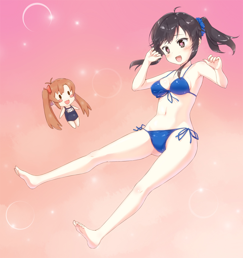 2girls bikini black_eyes black_hair blue_bikini chibi emmmp heart heart-shaped_pupils ichijou_hotaru koshigaya_komari multiple_girls non_non_biyori school_swimsuit short_hair swimsuit symbol-shaped_pupils twintails