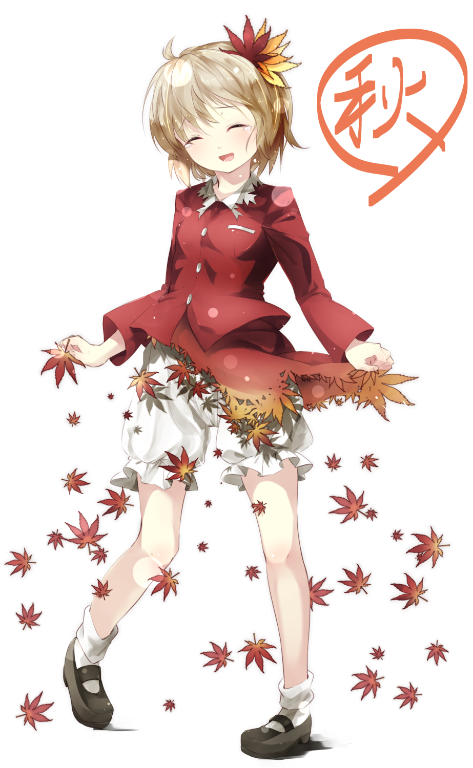 1girl :d aki_shizuha autumn_leaves blonde_hair bloomers closed_eyes dissolving_clothes gorilla_(bun0615) hair_ornament highres leaf_hair_ornament long_sleeves open_mouth shirt short_hair skirt smile solo tears touhou underwear