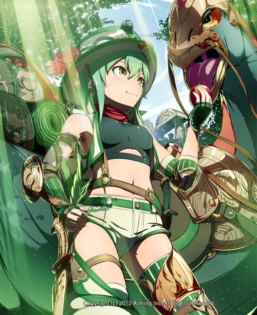 1girl 2012 apple backpack bag brown_eyes dinosaur food fruit green_hair hat knife kyousin light_rays lord_of_knights midriff navel official_art open_mouth original pouch saddle saddlebags safari_hat sheath sheathed shorts sleeping_bag