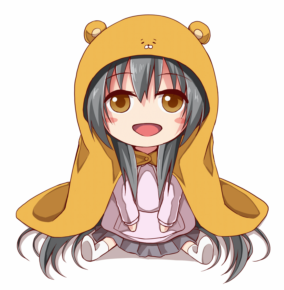 1girl :d black_hair blush_stickers brown_eyes chibi creek_(moon-sky) doma_umaru_(cosplay) hamster_costume himouto!_umaru-chan long_hair no_nose open_mouth original simple_background smile solo very_long_hair white_background white_legwear youjo_(creek_(moon-sky))