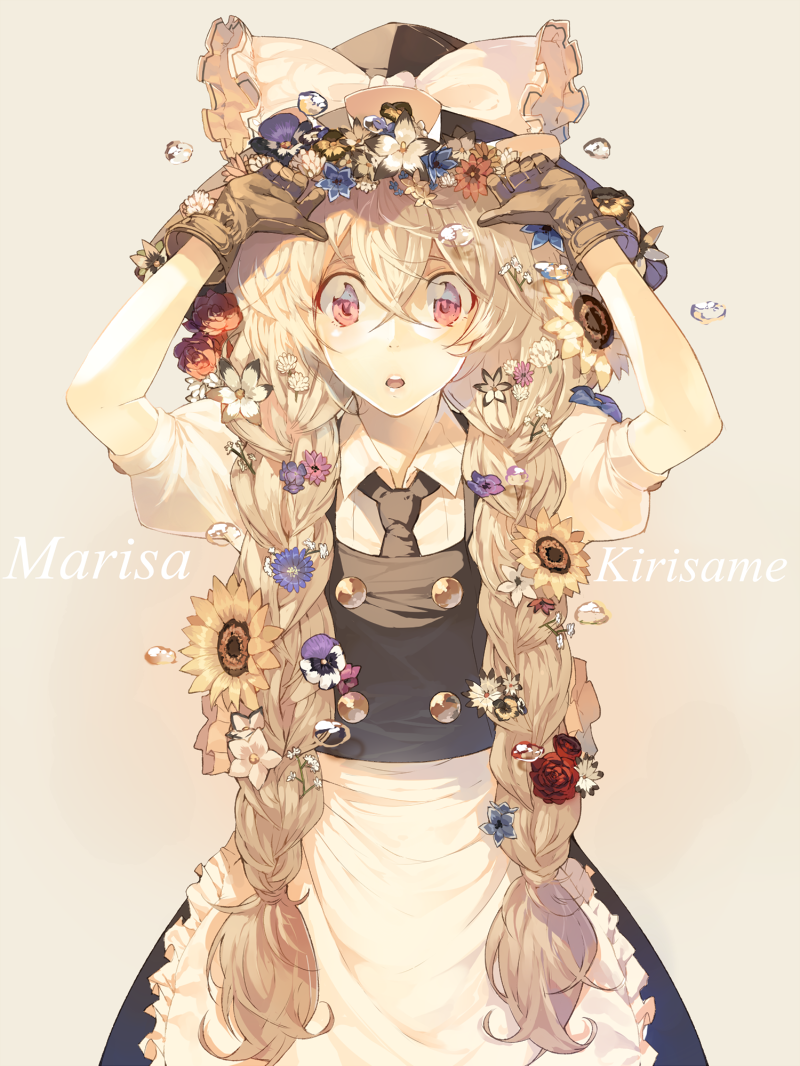 1girl apron arms_up blonde_hair bow braid brown_gloves cats_brain character_name flower gloves hair_between_eyes hair_flower hair_ornament hat hat_bow kirisame_marisa long_hair looking_at_viewer necktie open_mouth puffy_short_sleeves puffy_sleeves red_eyes short_sleeves solo touhou twin_braids upper_body waist_apron witch_hat