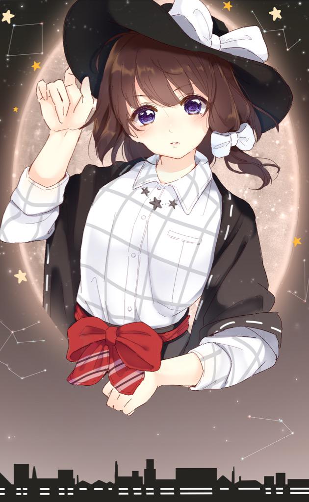 1girl alternate_eye_color blush bow brown_hair constellation gradient gradient_background hair_bow hair_ornament hat long_sleeves looking_at_viewer parted_lips plaid plaid_shirt ribbon sash satomachi shirt short_hair solo star touhou upper_body usami_renko vest violet_eyes