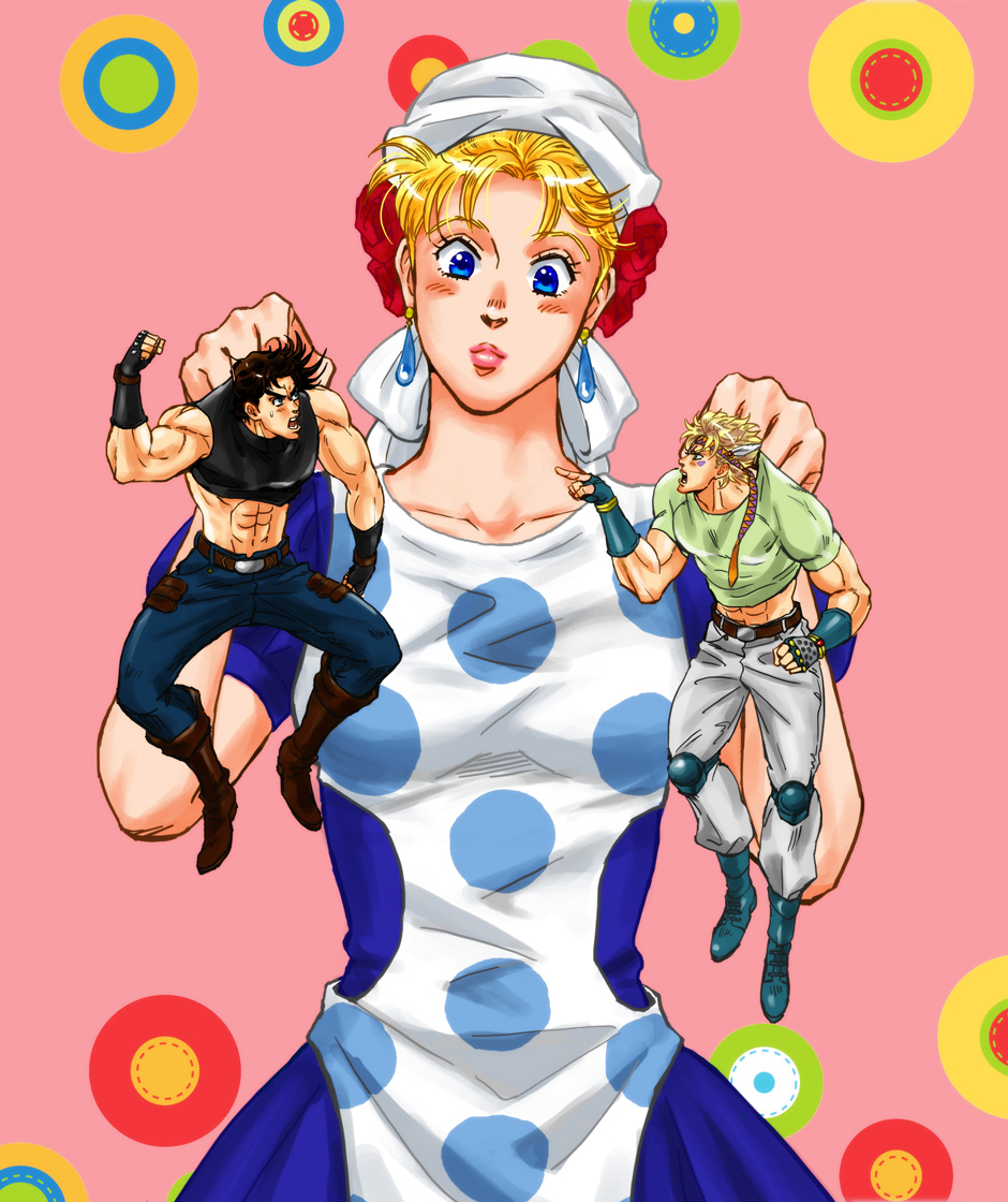 1girl 2boys apron bandana blonde_hair blue_eyes caesar_anthonio_zeppeli jojo_no_kimyou_na_bouken joseph_joestar_(young) miniboy multiple_boys negu_(geneg) official_style polka_dot suzi_quatro