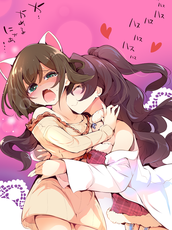 2girls animal_ears bare_shoulders blush breasts brown_hair cat_ears closed_eyes fang garter_straps green_eyes ichinose_shiki idolmaster idolmaster_cinderella_girls long_hair maekawa_miku multiple_girls open_mouth short_hair smelling smile tears usoneko