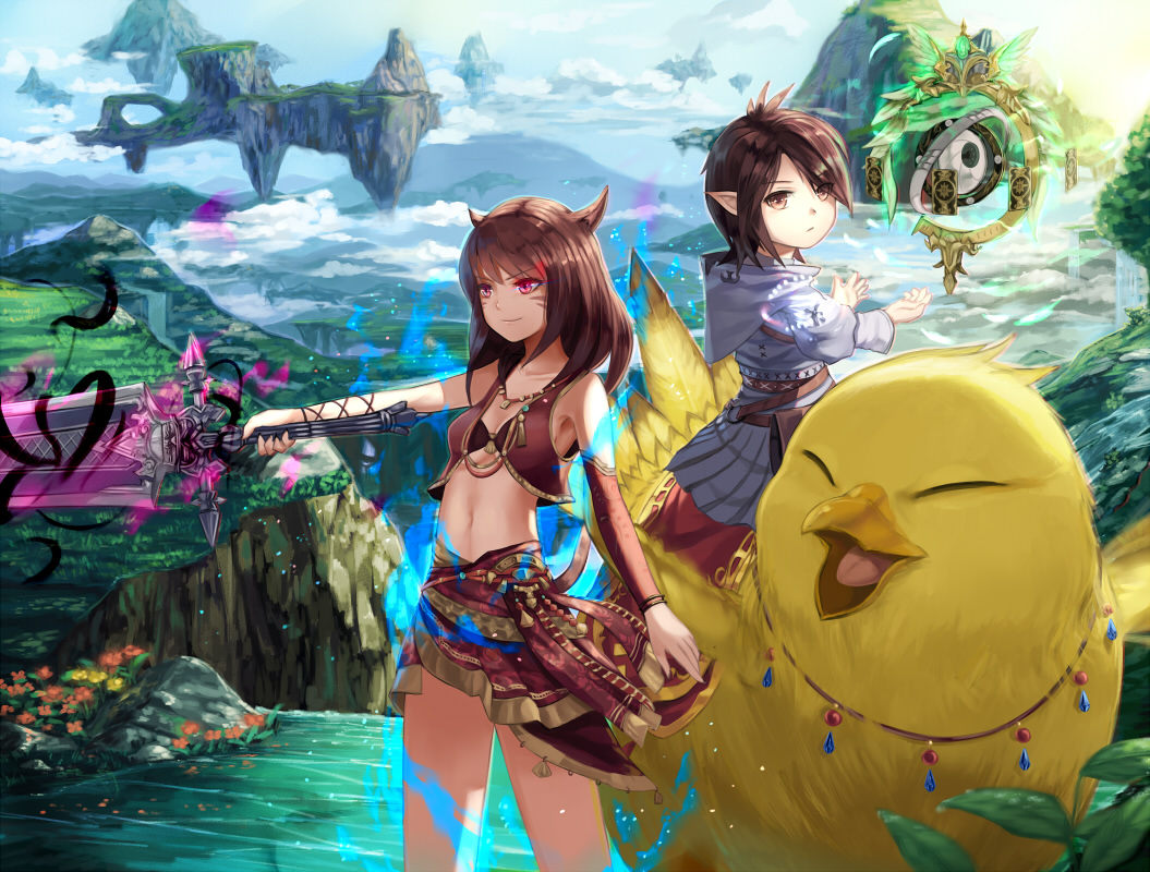 2girls aura breasts brown_eyes brown_hair chocobo cleavage clouds fat_chocobo final_fantasy final_fantasy_xiv floating_island glowing glowing_eyes glowing_weapon hood lalafell long_hair looking_at_viewer miqo'te multiple_girls pink_eyes riding short_hair sky small_breasts smile standing sword weapon