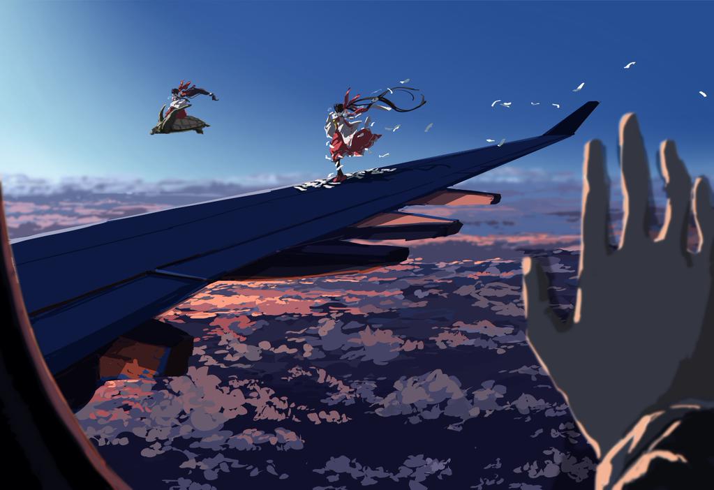 2girls above_clouds airplane airplane_interior airplane_wing artist_request ascot black_hair blue_sky bow clouds cloudy_sky detached_sleeves dual_persona flying frilled_skirt frills genjii hair_bow hair_ribbon hakama_skirt hakurei_reimu hakurei_reimu_(pc-98) hands japanese_clothes long_hair long_ponytail miko morning multiple_girls nontraditional_miko ofuda ponytail pov red_shoes red_skirt ribbon shoes sitting skirt sky standing sunrise talismans touhou touhou_(pc-98) turret very_long_hair