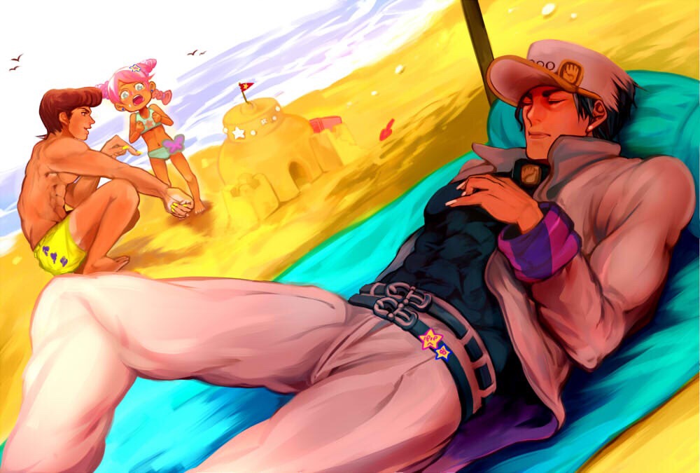 1girl 2boys beach child higashikata_jousuke jojo_no_kimyou_na_bouken kuujou_jolyne kuujou_joutarou multiple_boys muu_(brnkhat) pink_hair sand sand_castle sand_sculpture sleeping swim_trunks towel