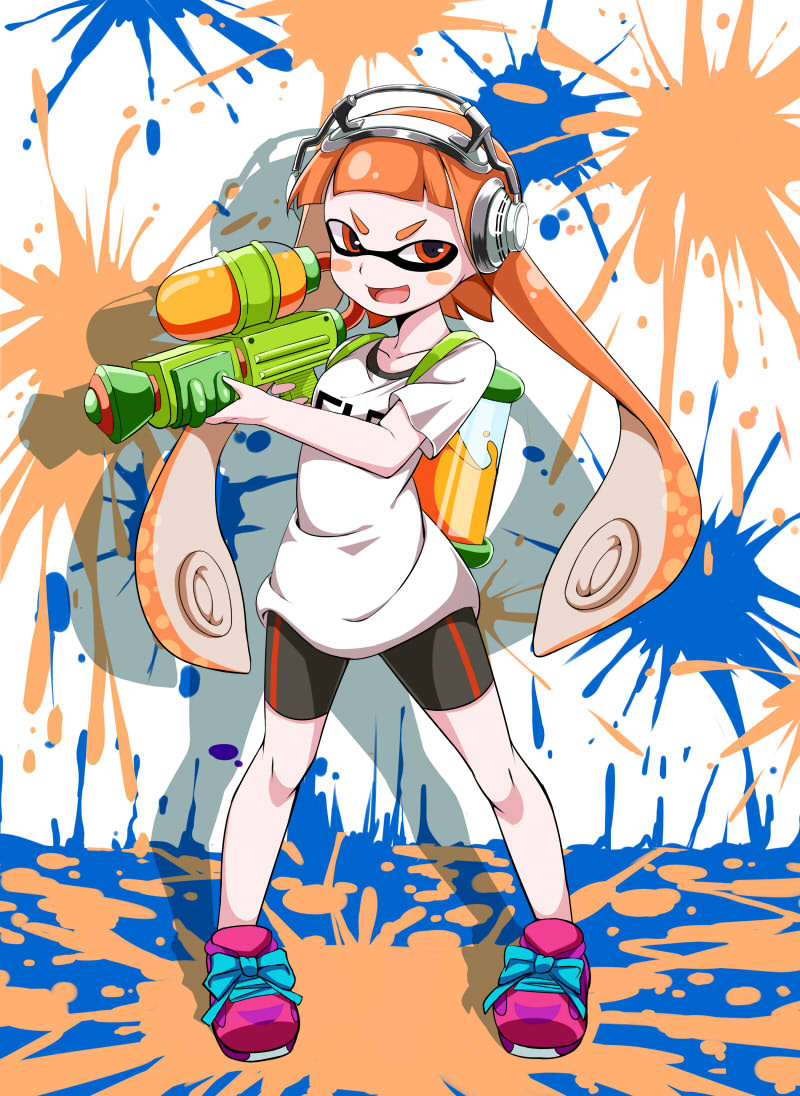 1girl bike_shorts blush_stickers container domino_mask full_body headphones holding_weapon inkling long_hair looking_at_viewer mask open_mouth orange_eyes orange_hair paint_splatter pointy_ears shimo_(shimo_00) shoes single_vertical_stripe smile sneakers solo splatoon super_soaker t-shirt tentacle_hair