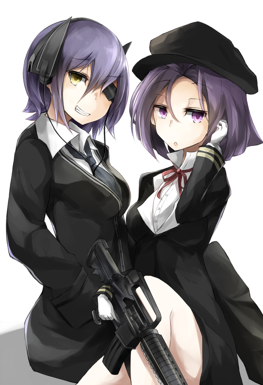 2girls assault_rifle breasts cardigan eyepatch gloves gun hat headgear headphones highres kantai_collection m16 miyabino_(miyabi1616) multiple_girls necktie open_mouth pants purple_hair rifle school_uniform short_hair sitting smile tatsuta_(kantai_collection) tenryuu_(kantai_collection) violet_eyes weapon yellow_eyes