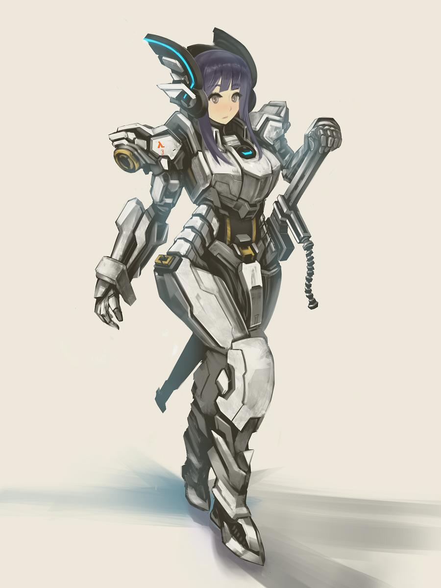 1girl armor bangs beige_background blunt_bangs bodysuit brown_eyes chest_hair enumiyan gauntlets headgear highres jpeg_artifacts mecha_musume neon_trim original pauldrons purple_hair solo sword walking weapon