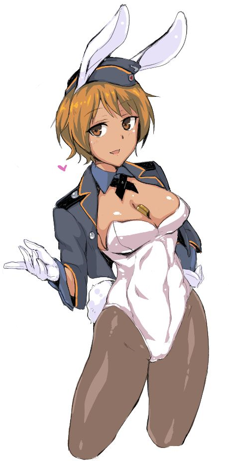 1girl animal_ears blonde_hair breasts brown_eyes bunny_tail bunnysuit cleavage cropped_legs em gloves hand_on_hip hat heart lighter looking_at_viewer open_mouth rabbit_ears short_hair simple_background solo strike_witches tail waltrud_krupinski white_background