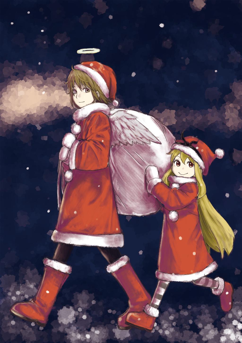 2girls angel_wings black_legwear blonde_hair brown_eyes brown_hair christmas fur_trim haibane_renmei halo hat highres jpeg_artifacts long_hair messy_hair multiple_girls pantyhose rakka red_eyes sack santa_costume santa_hat short_hair snow striped striped_legwear white_legwear wings yasu_(shijimi_8)