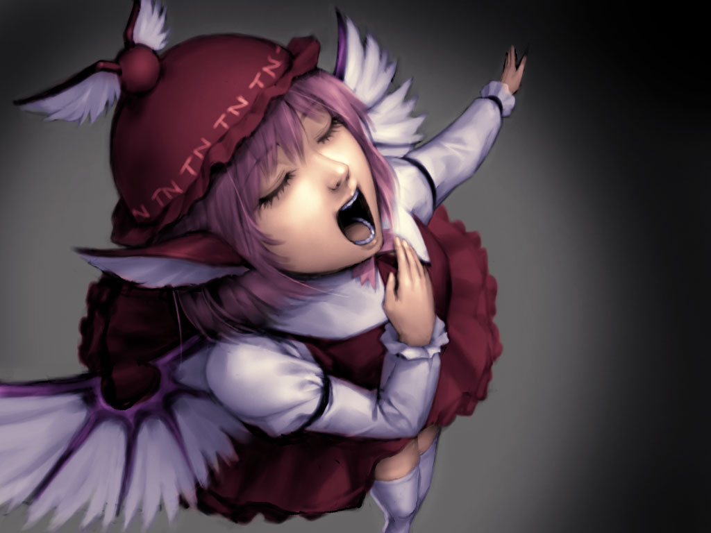 1girl animal_ears bangs closed_eyes dress from_above gradient gradient_background hand_on_own_chest hat long_sleeves mystia_lorelei open_mouth pink_hair short_hair singing solo teeth thigh-highs tongue touhou tripleeight white_legwear winged_hat wings zettai_ryouiki