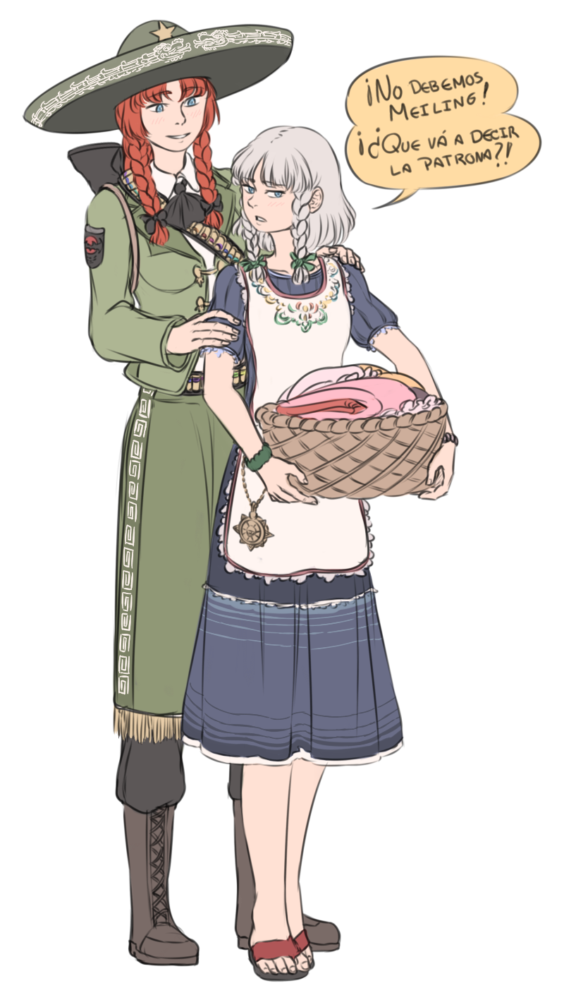 2girls apron ascot basket belt blue_eyes boots braid charro clothes grey_hair hat highres hong_meiling izayoi_sakuya laundry_basket maid mefomefo mexican mexican_clothes multiple_girls redhead sandals soap_opera sombrero spanish speech_bubble touhou twin_braids