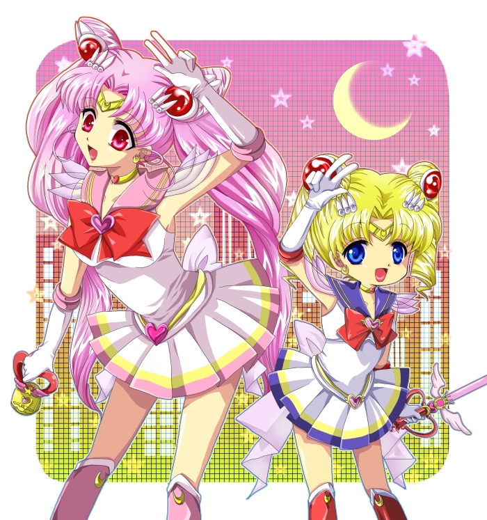 2girls bishoujo_senshi_sailor_moon blonde_hair blue_eyes boots bow brooch chibi_usa choker crescent_earrings crescent_moon crystal_carillon earrings elbow_gloves gloves gradient gradient_background jewelry kairi_(oro-n) kaleidomoon_scope knee_boots long_hair magical_girl moon multiple_girls older pink_background pink_boots pink_hair pleated_skirt red_boots red_bow red_eyes role_reversal sailor_chibi_moon sailor_collar sailor_moon sailor_senshi short_hair skirt smile standing star starry_background super_sailor_chibi_moon super_sailor_moon tiara tsukino_usagi twintails v white_gloves yellow_background younger