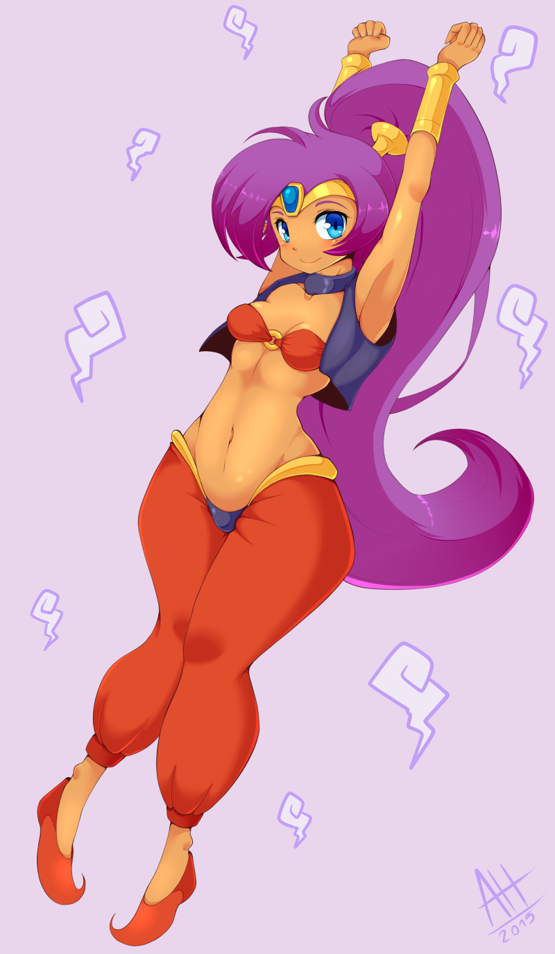 1girl armpits arms_up artist_request bandeau blue_eyes bracer breasts choker cleavage clenched_hand earrings groin harem_pants highres hoop_earrings jewelry long_hair midriff navel pants pointy_ears ponytail purple_hair shantae shantae_(character) shoes smile solo stretch tiara very_long_hair vest