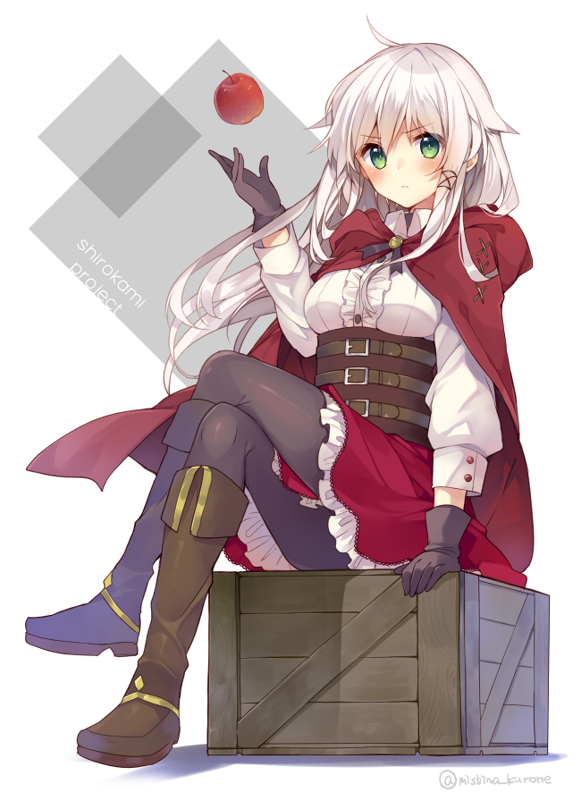 1girl anceril_sacred annoyed apple boots brown_boots brown_gloves cloak crossed_legs food fruit gloves green_eyes hair_ornament long_hair looking_at_viewer mishima_kurone original pantyhose sitting sitting_on_box tagme twitter_username white_background white_hair