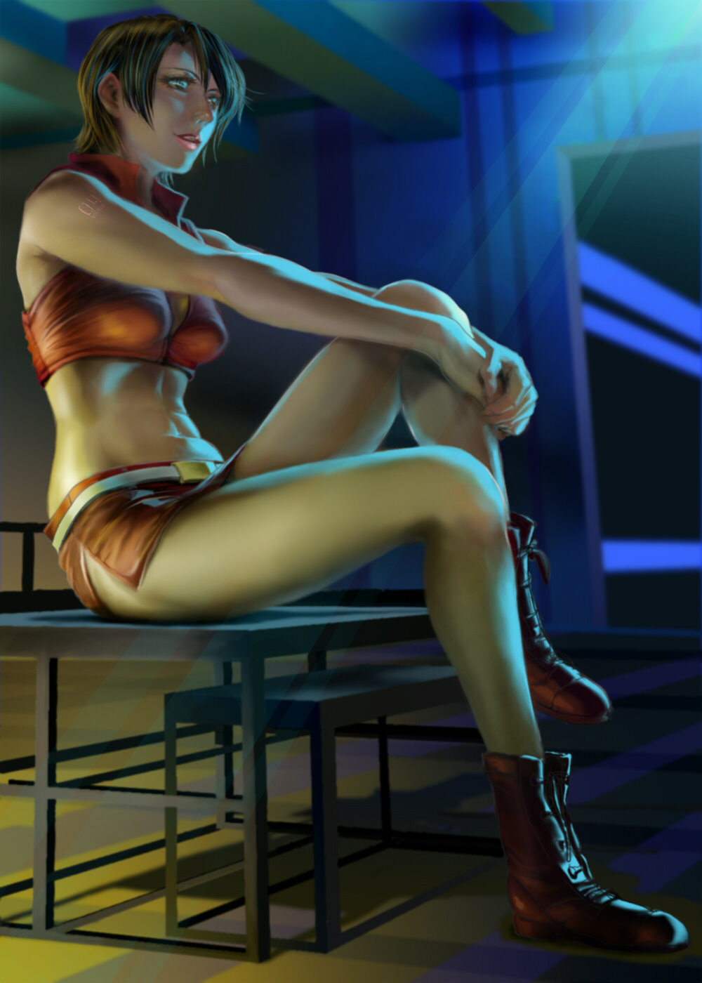1girl abs blue_eyes boots breasts brown_hair cleavage crop_top dark full_body highres light lipstick mai_(b9035796) makeup meiko miniskirt pink_lipstick red_boots red_skirt short_hair sitting sitting_on_table skirt solo table tattoo vocaloid
