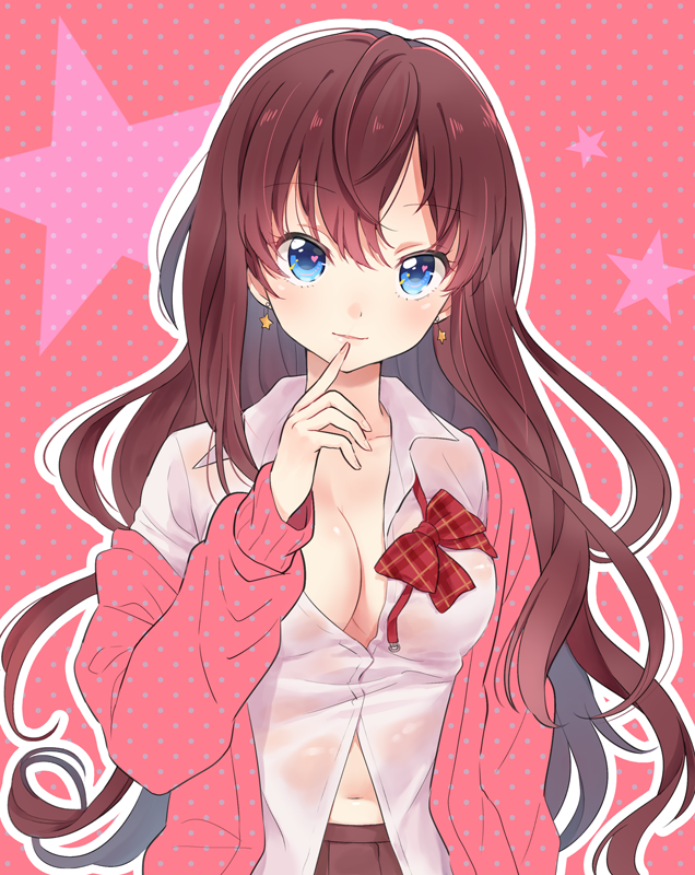 1girl blue_eyes blush bowtie brown_hair cardigan copyright_request curly_hair earrings finger_to_mouth gobou_1000 jewelry long_hair open_clothes open_shirt polka_dot polka_dot_background school_uniform see-through semi-transparent shirt smile solo star tagme undone_tie