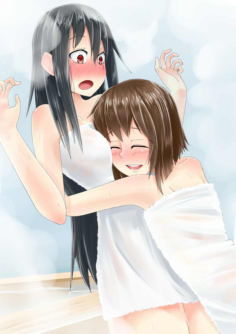 2girls bath black_hair blush brown_hair closed_eyes commentary_request hatsushimo_(kantai_collection) highres hug kantai_collection long_hair multiple_girls naked_towel open_mouth red_eyes short_hair steam towel wet yukikaze_(kantai_collection) yuri zaki_(2872849)