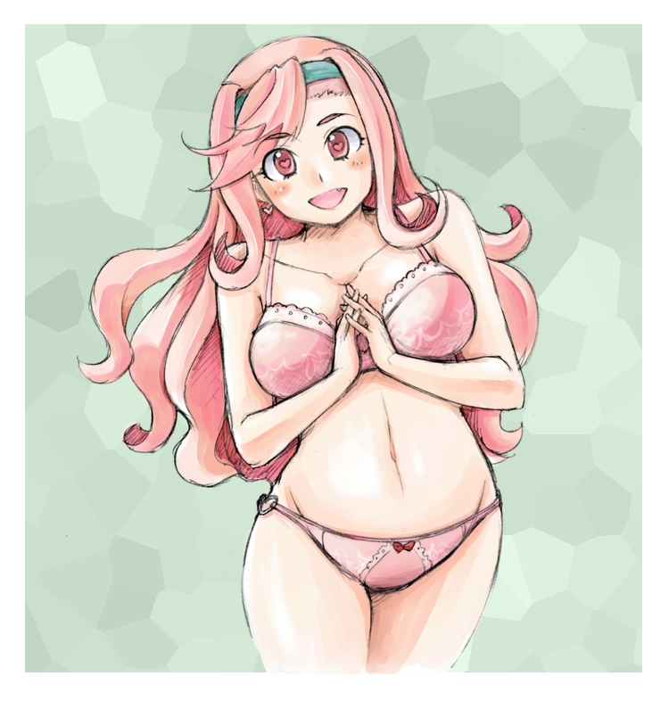 1girl blush bra breasts celia_ootsuka cleavage fang hairband heart heart-shaped_pupils interlocked_fingers large_breasts lingerie long_hair looking_at_viewer maken-ki! navel open_mouth panties pink_eyes pink_hair smile solo symbol-shaped_pupils underwear underwear_only yunaka_(pixiv38669)