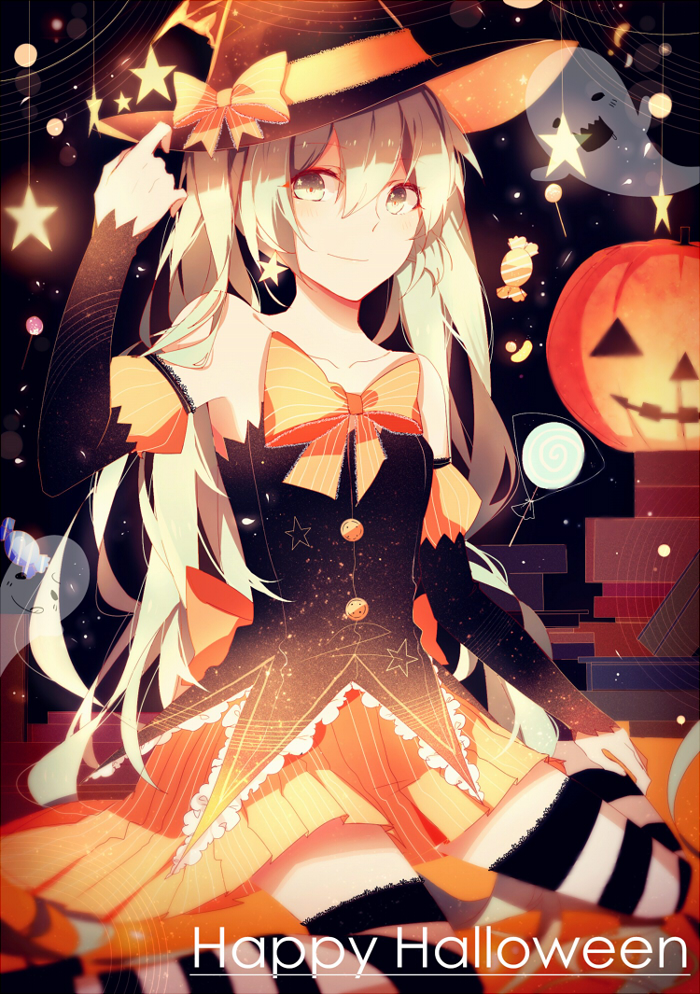 1girl alternate_eye_color alternate_hair_color blonde_hair ghost halloween happy_halloween hat hatsune_miku jack-o'-lantern lococo:p looking_at_viewer smile solo striped striped_legwear thigh-highs vocaloid witch_hat yellow_eyes